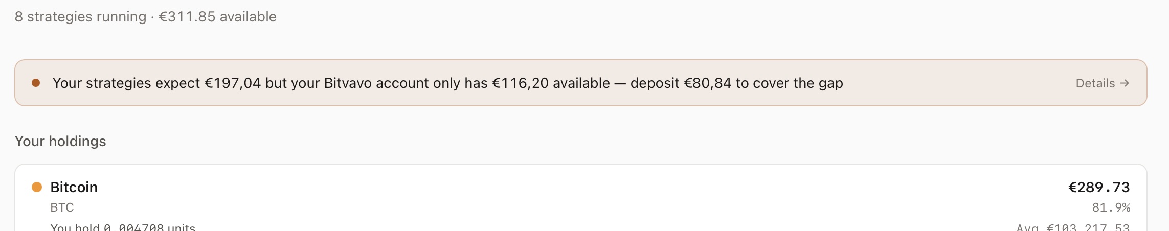 Dashboard banner showing the EUR liquidity warning