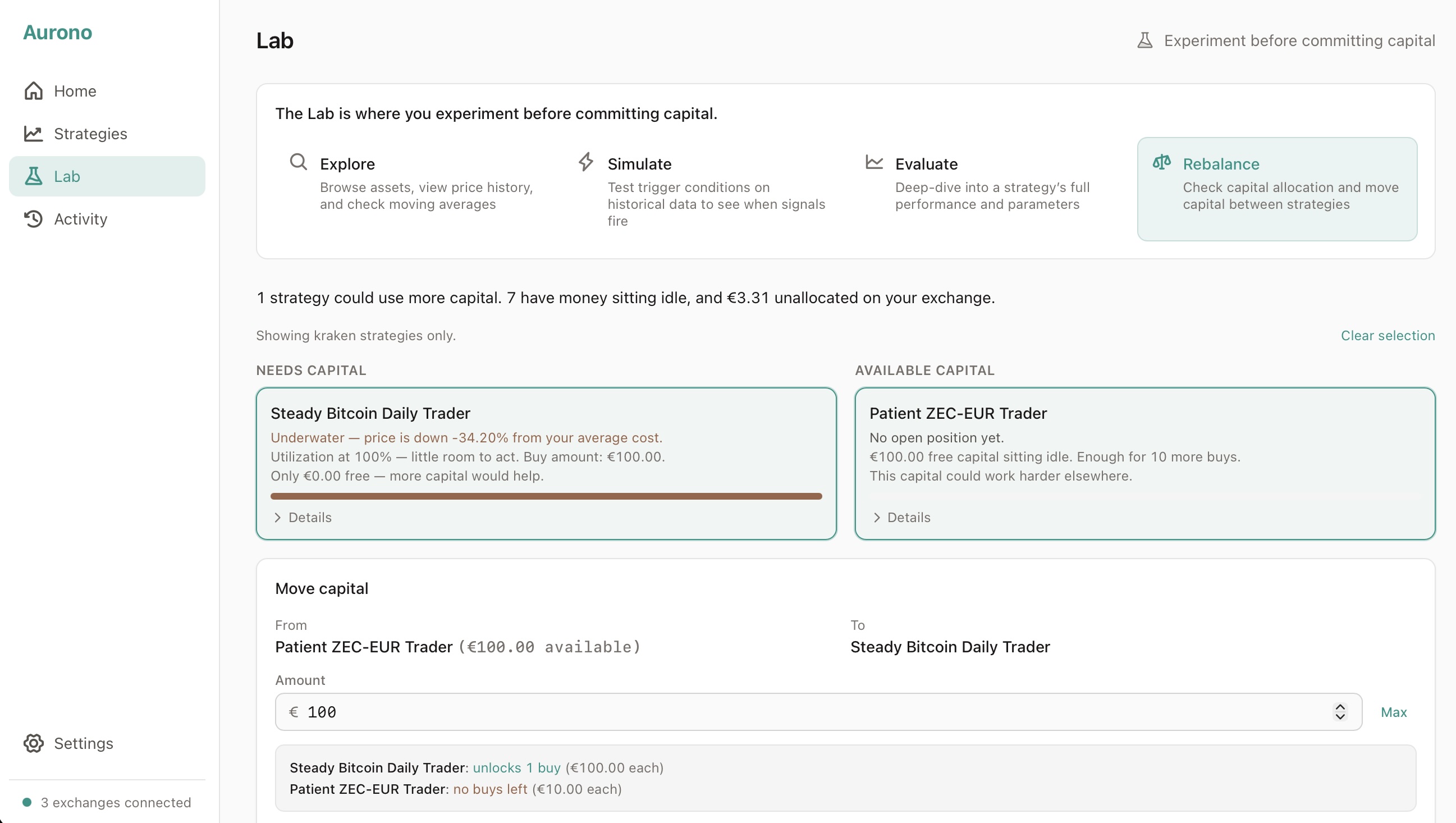 The Capital Rebalancer — select a strategy that needs capital, pick a source, and transfer in seconds.