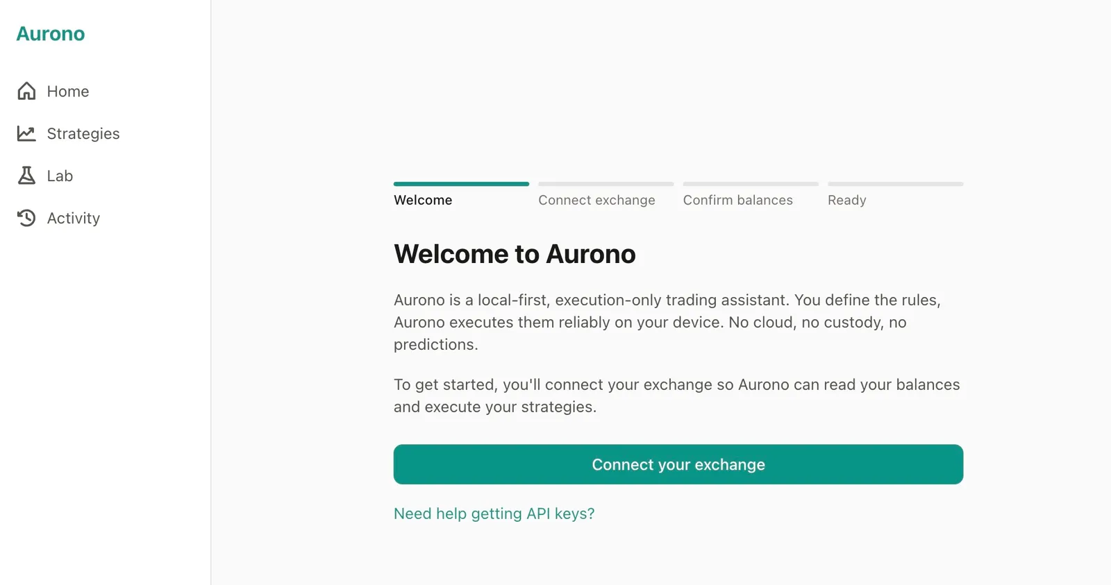 Aurono setup wizard — Welcome screen with 4-step progress: Welcome, Connect exchange, Confirm balances, Ready