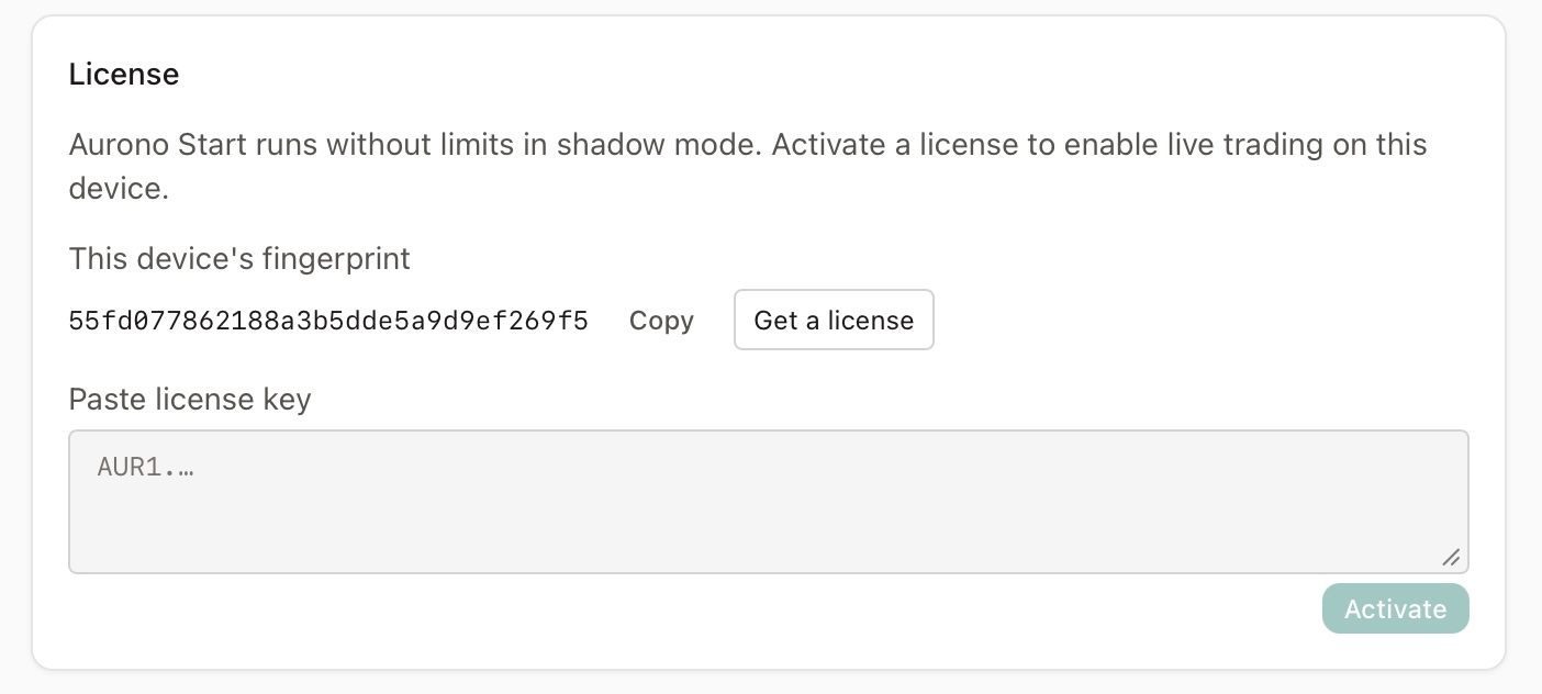 License card in the Not activated state, showing the device fingerprint, the "Get a license" button, and the license-key paste area