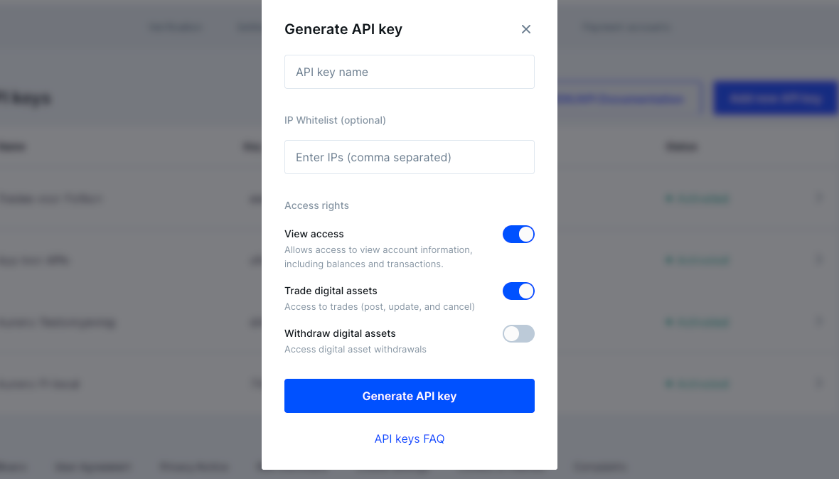 Aurono Settings – Bitvavo permissions